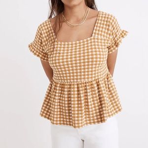 Madewell Gingham Peplum Top in Mustard and White